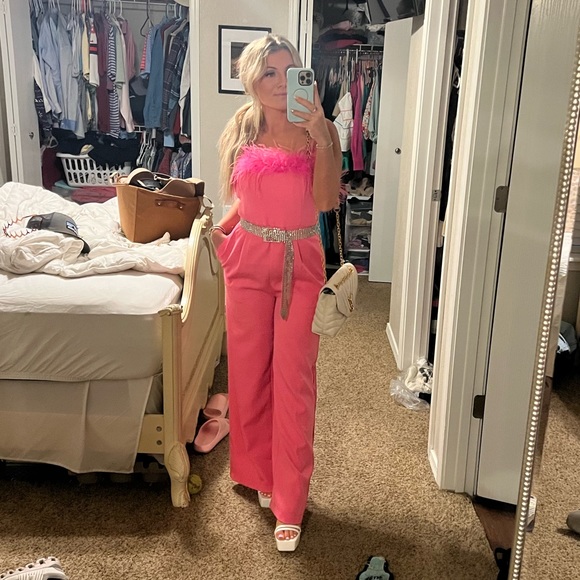 Pink feather trim jumpsuit - Picture 1 of 8